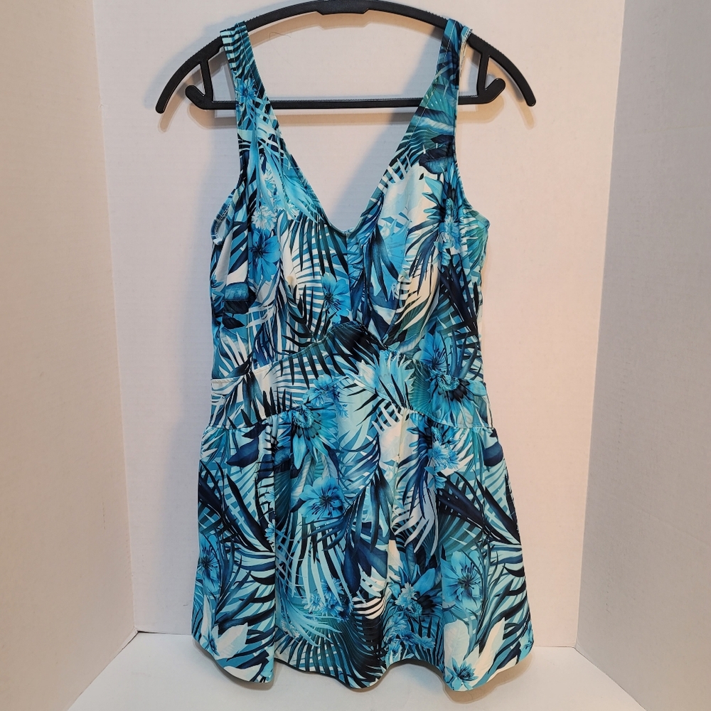 Maxine Of Hollywood Women's V-Neck Blue Tropical 1Piece Swimsuit Swim Dress sz16